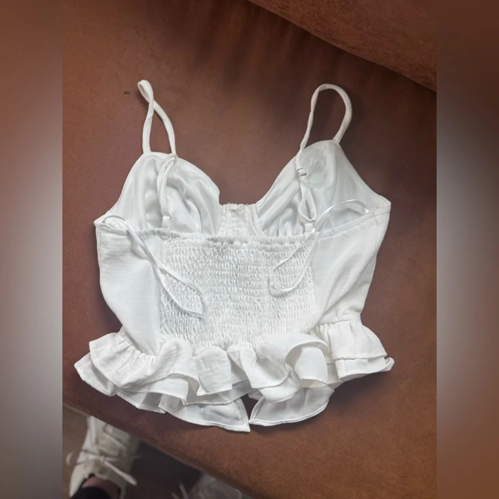 White Corset Crop Top with Ruffle Hem - Picture 7 of 10